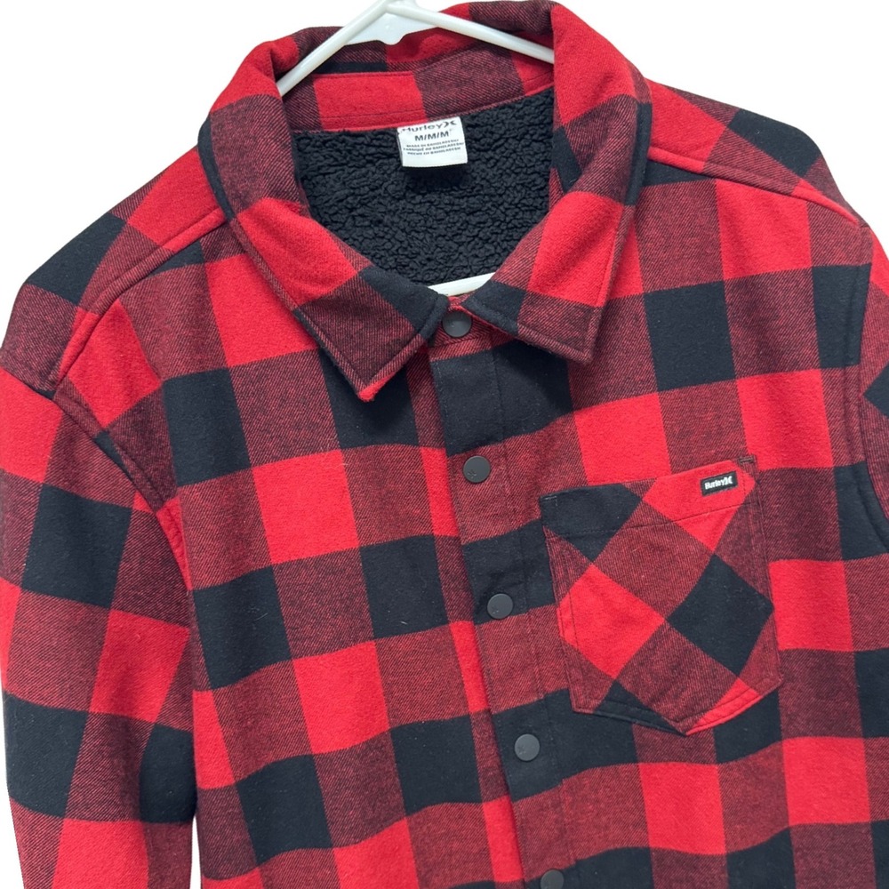 Hurley Mens Sherpa Lined Buffalo Plaid Flannel Shirt Jacket Red Black Medium